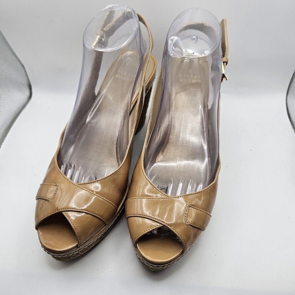 Stuart Weitzman Womens Beige Patent Leather‎ Slingback Wedges Summer 10M READ